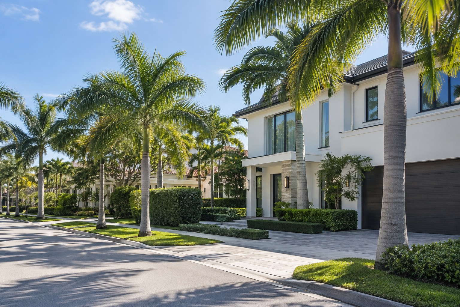 A quiet South Florida street with palms, illustrative