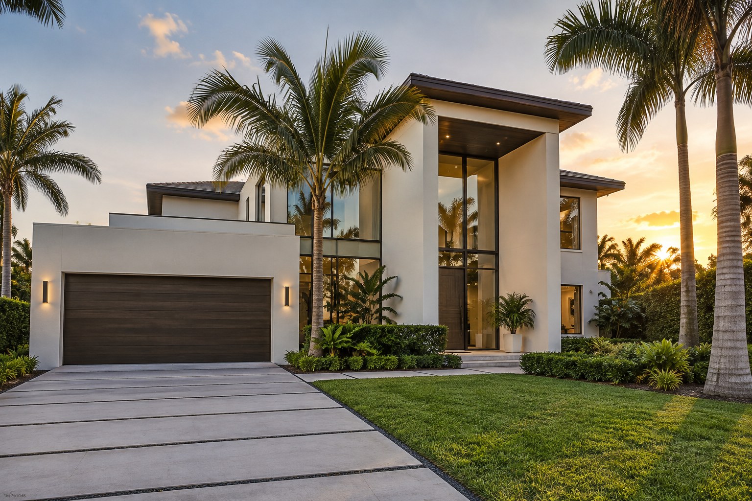 A modern South Florida home with palms in warm evening light, illustrative