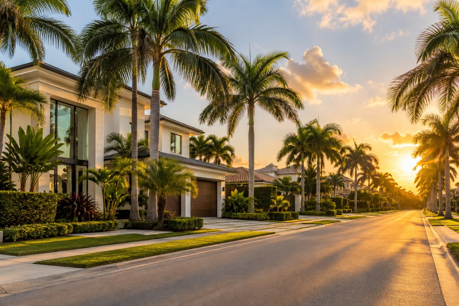 A Florida street at golden hour, illustrative