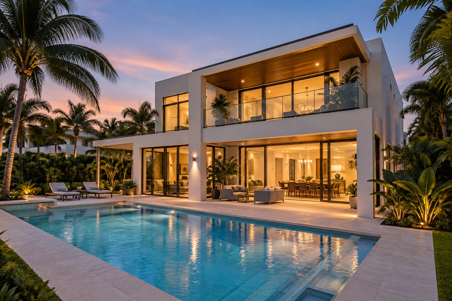 A South Florida home at dusk, illustrative