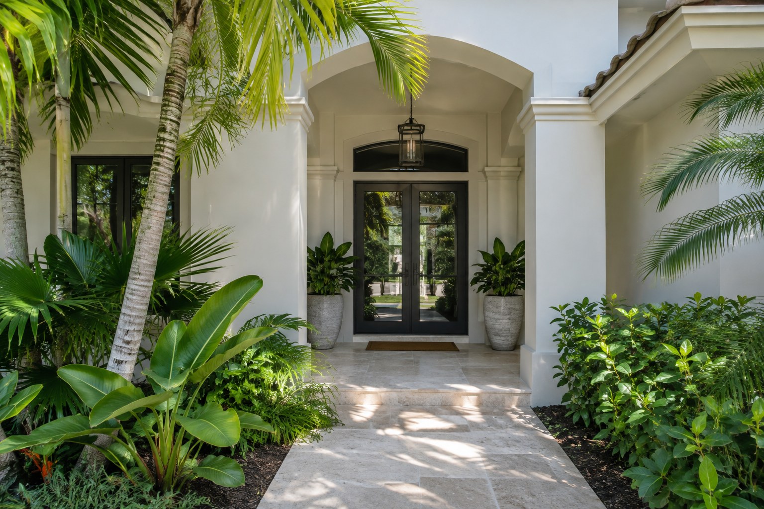 A shaded front entry of a Florida home, illustrative